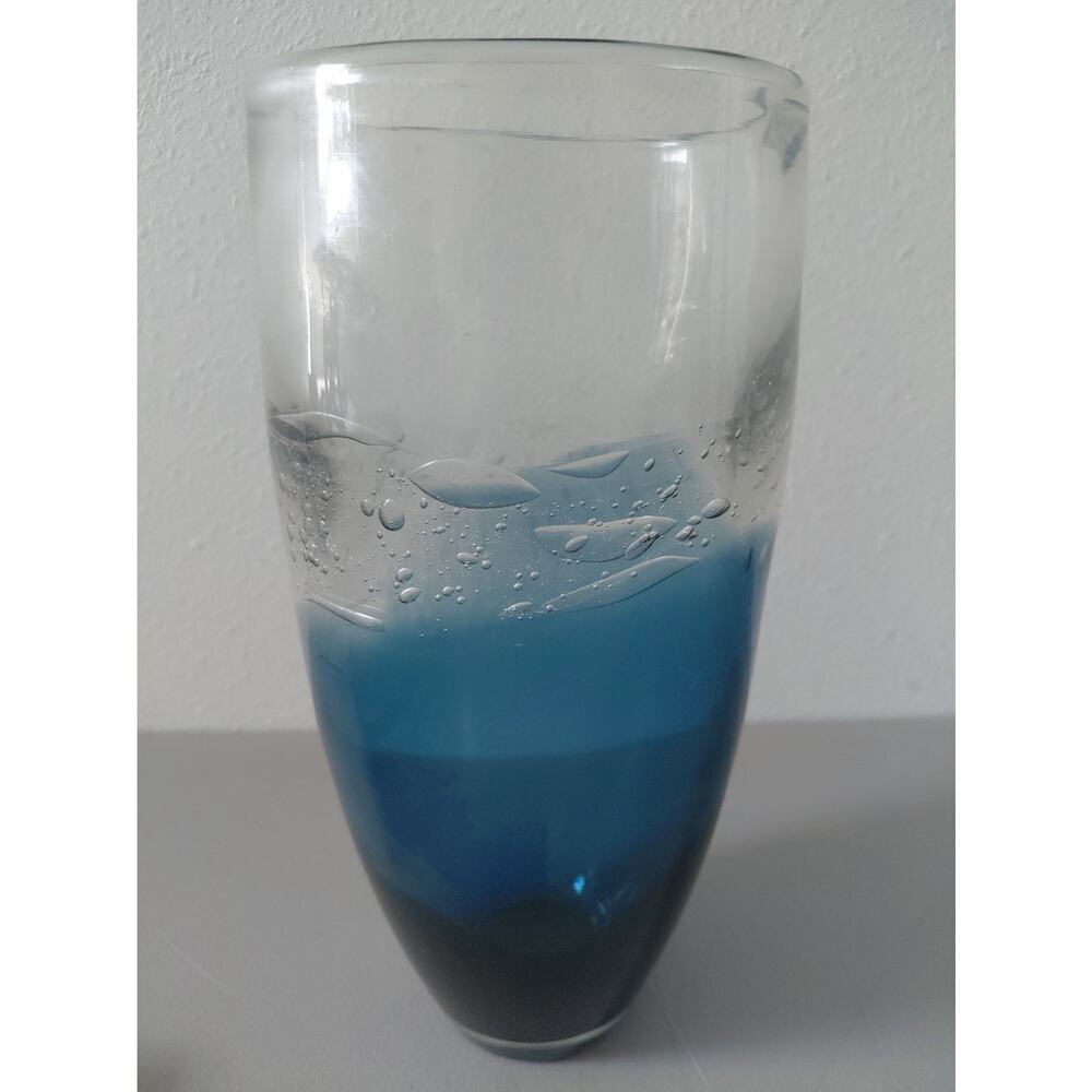 Ombre Blue Thick Glass Vase Mid Stripe Extended Bubbles Ocean Artistic Large MCM - Picture 5 of 11
